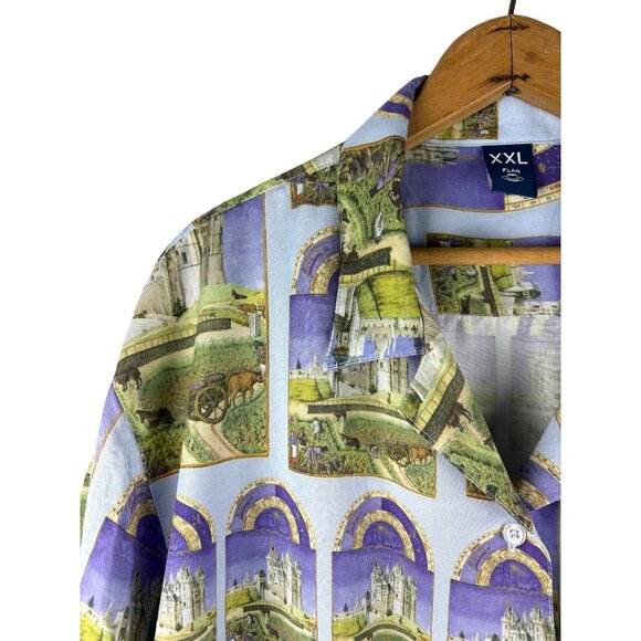 FLAN LABS Silky Castle Print Button Up Shirt Men’s XXL - Picture 4 of 9